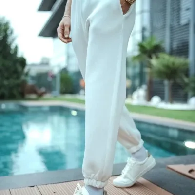 Men's White 3-Thread Cotton Elastic Cuffed Pocket Sweatpants 7