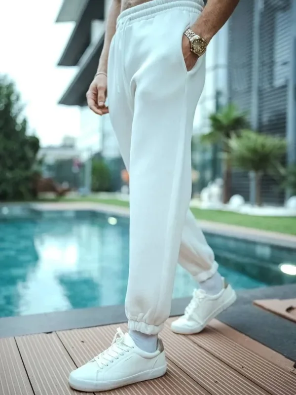 Men's White 3-Thread Cotton Elastic Cuffed Pocket Sweatpants 7