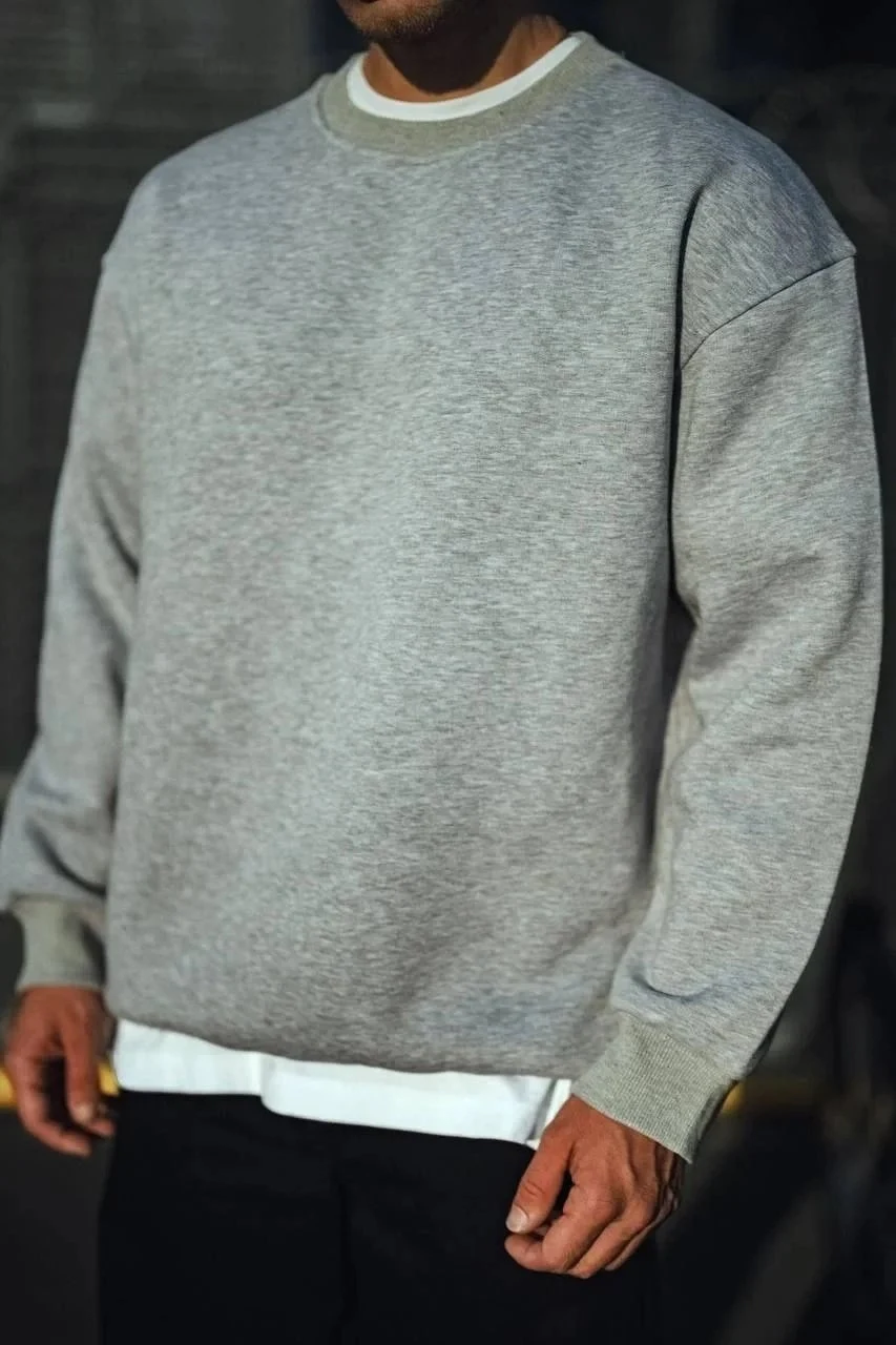Muški sivi oversize 3-nitni debeli sweatshirt s okruglim ovratnikom