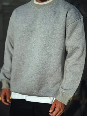 Men's Gray Oversize Crew Neck 3-Thread Thick Sweatshirt