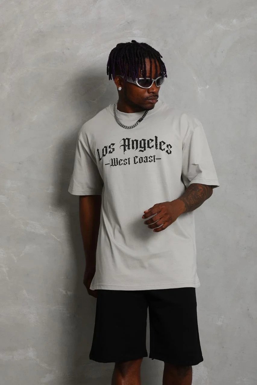 Ανδρικό Γκρι Oversize Στρογγυλό Λαιμό Τυπωμένο Τ-Shirt