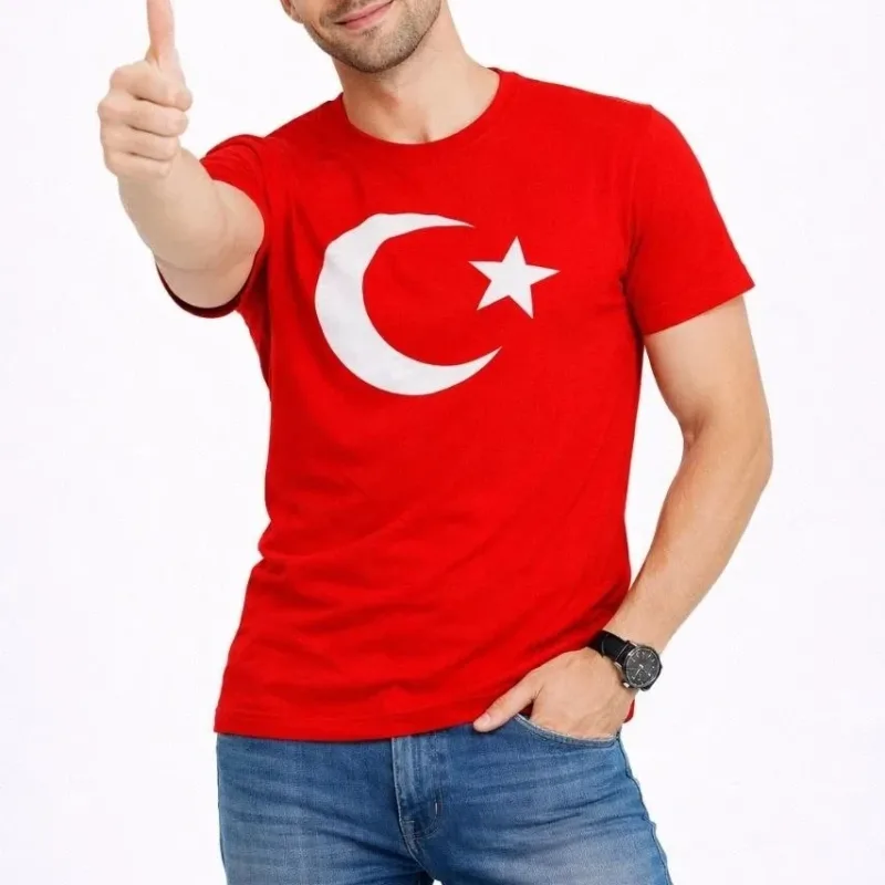 Men's Red Bicycle Neck Moon Star Flag Printed T-Shirt