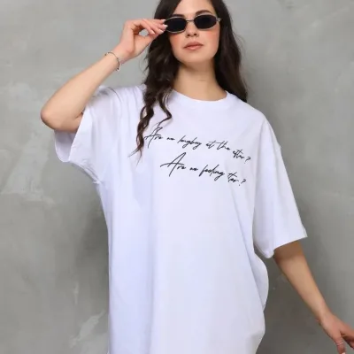 Γυναικείο Λευκό Oversize Ποδηλατόλαιμο Τυπωμένο Κοντό Μανίκι Μπλουζάκι 3