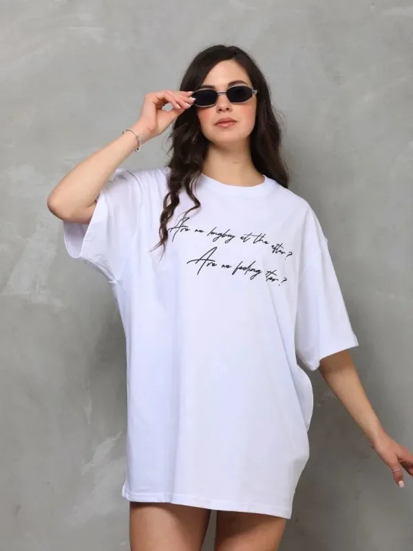 Γυναικείο Λευκό Oversize Ποδηλατόλαιμο Τυπωμένο Κοντό Μανίκι Μπλουζάκι 3