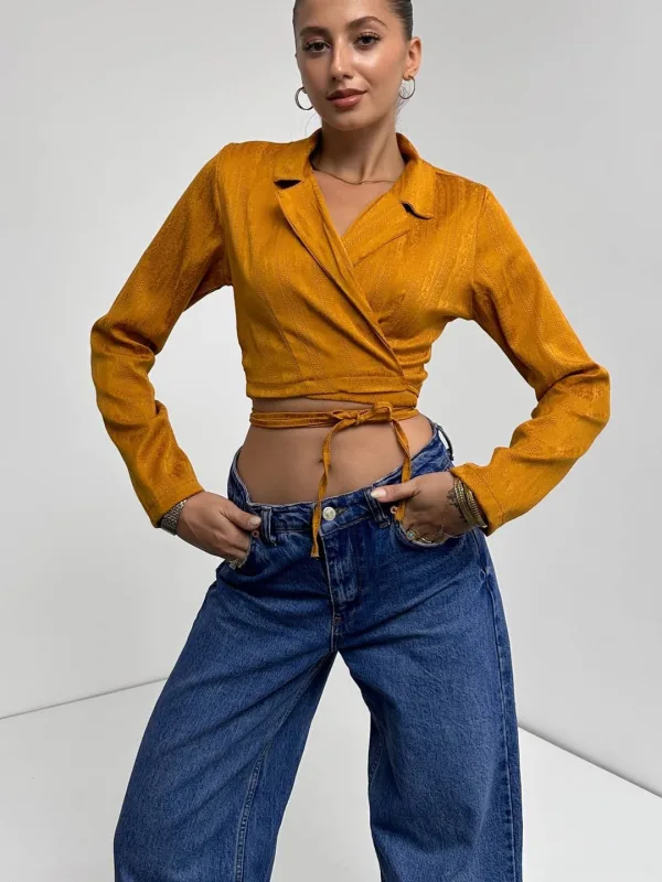 Košulja ovratnik struk vezana crop bluza senf