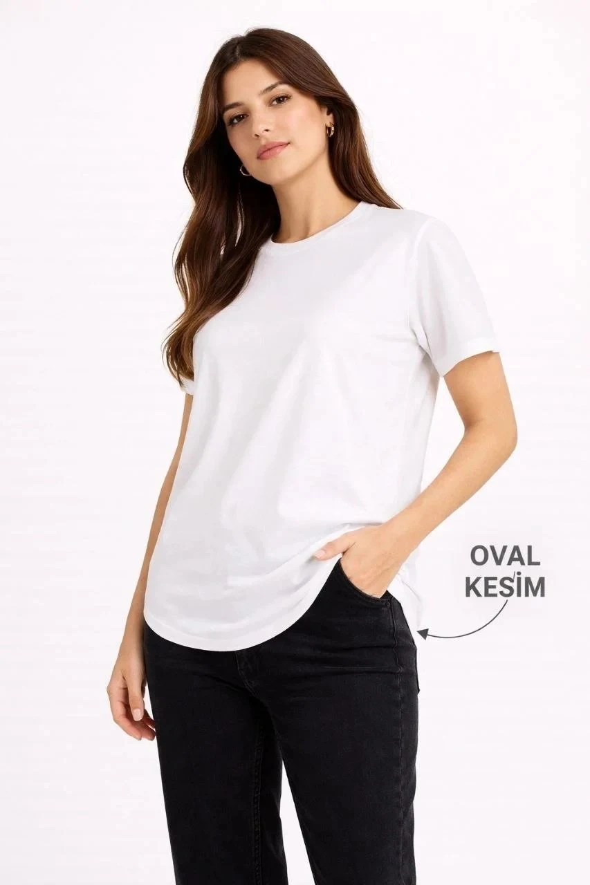 Női Fehér Oversize Kerékpárnyakú Ovális Szabású Basic Póló