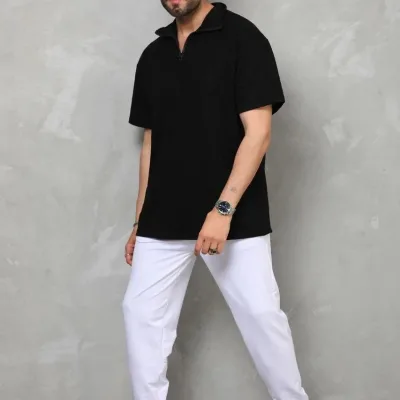 Kişi Qara Oversize Yarım Fermuarlı Düz Köynək 5