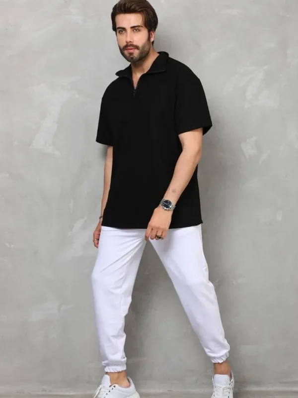 Kişi Qara Oversize Yarım Fermuarlı Düz Köynək 5