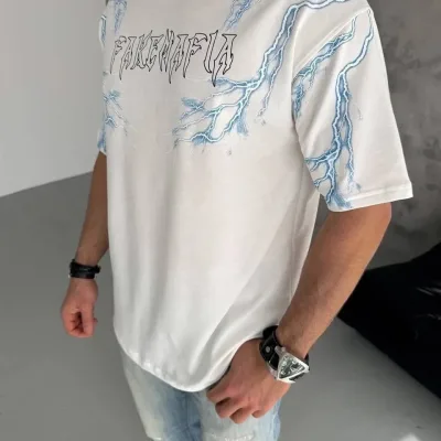 Fehér Oversize Kerékpárnyakú Villám Nyomott Póló 2