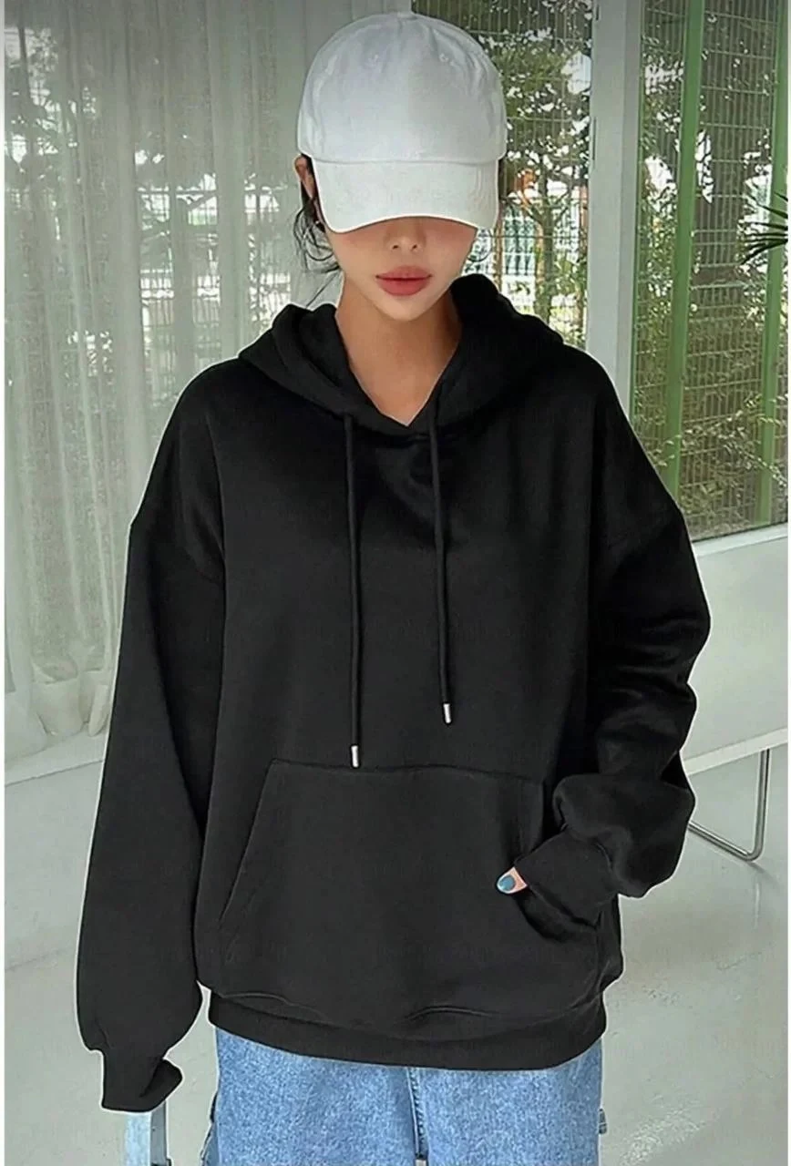 Women's Black Oversize 3-Thread Cotton Hooded Kangaroo Pocket Sweatshirt