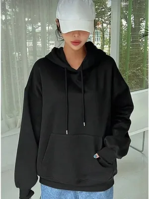 Women's Black Oversize 3-Thread Cotton Hooded Kangaroo Pocket Sweatshirt