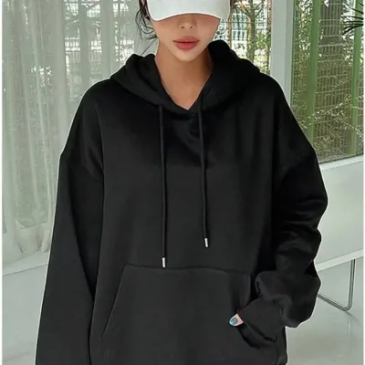 Women's Black Oversize 3-Thread Cotton Hooded Kangaroo Pocket Sweatshirt 1