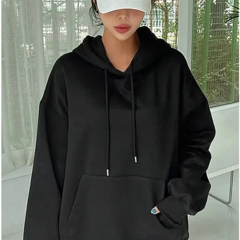 Women's Black Oversize 3-Thread Cotton Hooded Kangaroo Pocket Sweatshirt