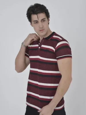 Muški bordo slim fit tkani prugasti polo ovratnik majica