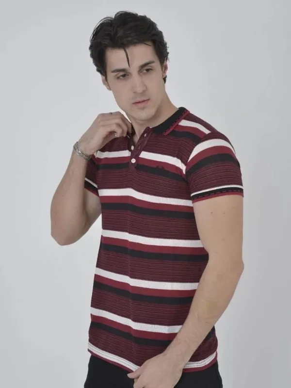 Muški bordo slim fit tkani prugasti polo ovratnik majica 1