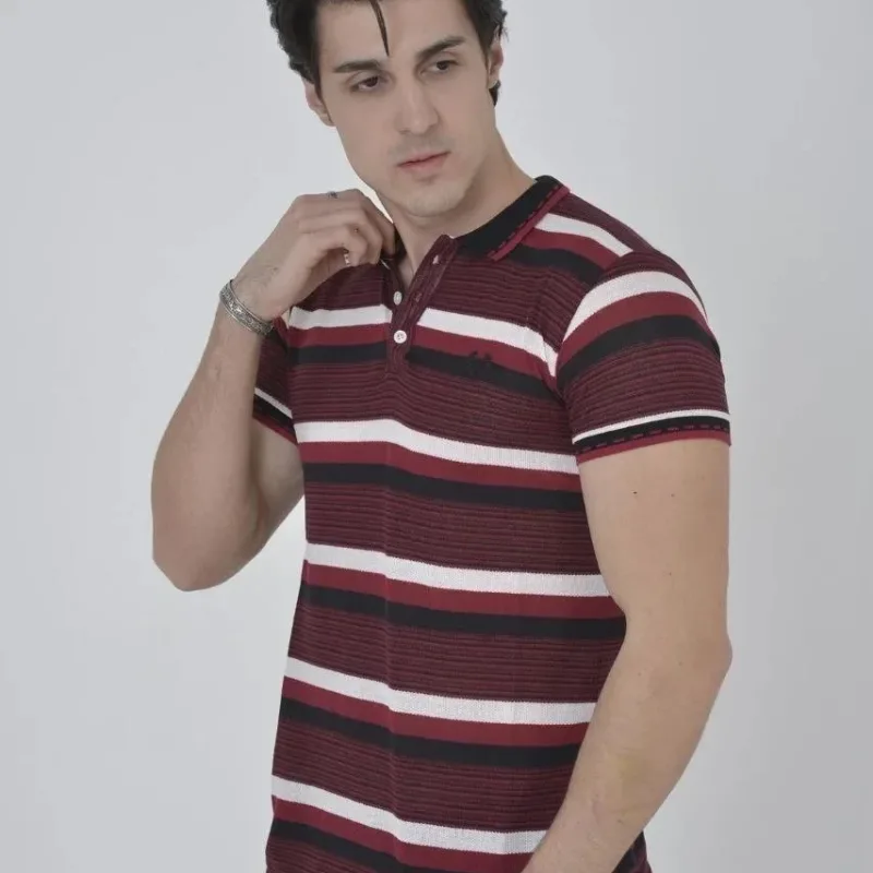 Muški bordo slim fit tkani prugasti polo ovratnik majica