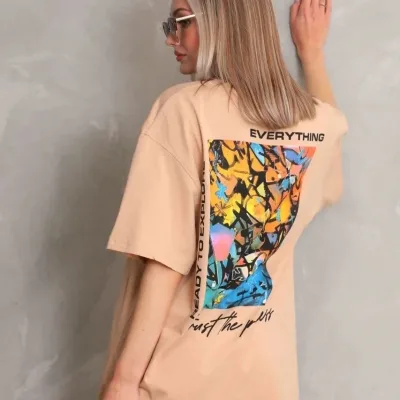 Γυναικείο Μπεζ Oversize Στρογγυλό Λαιμό Τυπωμένο Κοντομάνικο Μπλουζάκι 5