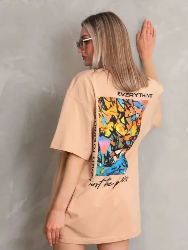 Γυναικείο Μπεζ Oversize Στρογγυλό Λαιμό Τυπωμένο Κοντομάνικο Μπλουζάκι 5