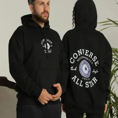 Sweatshirt për meshkuj i zi oversize me kapuç, 3 fije dhe printim në shpinë 1