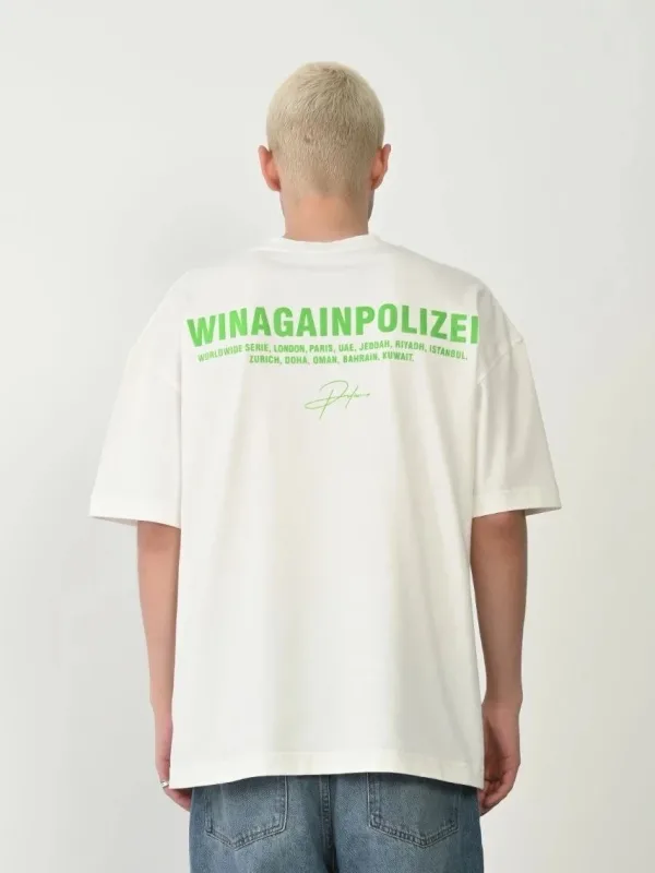 Męska Biała Oversize Koszulka z Nadrukiem i Kołnierzykiem Rowerowym 2