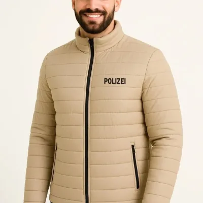 Pánska béžová mikro vodeodolná prešívaná potlačená so zipsom bomber bunda 2