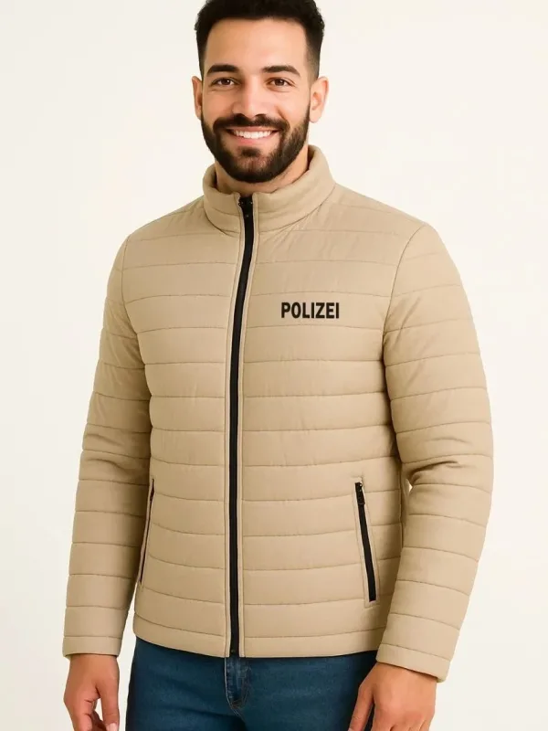 Pánska béžová mikro vodeodolná prešívaná potlačená so zipsom bomber bunda 2