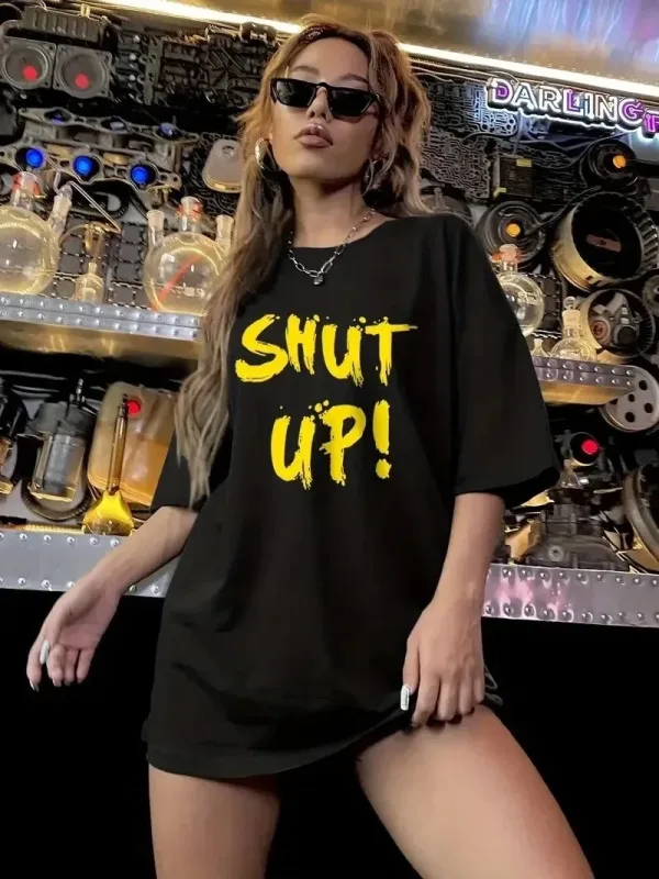 Ženska Crna Bicikli Kragna Shut Up Print Kratki Rukav Majica 3
