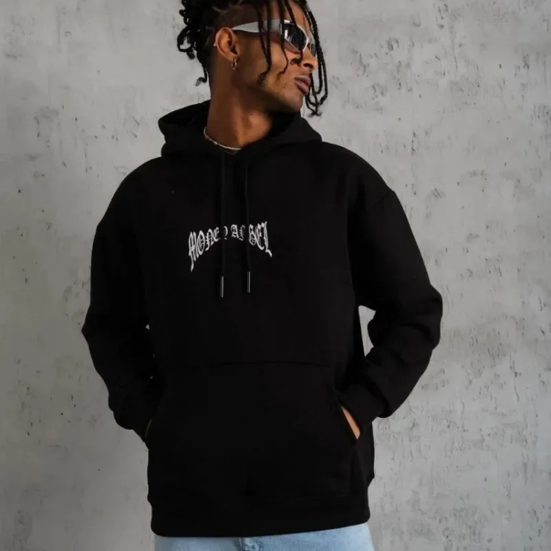 Muški crni 3-nitni pamučni hoodie s printom i džepovima