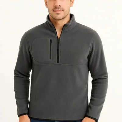 Pánsky dymový fleece stojatý golier polovičný zips s náprsným vreckom sveter 2