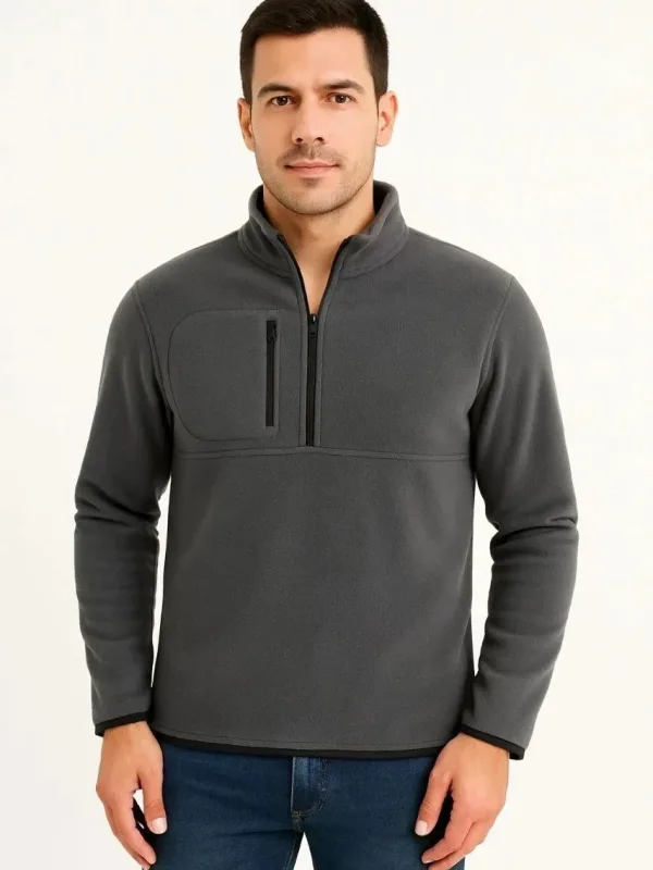 Pánsky dymový fleece stojatý golier polovičný zips s náprsným vreckom sveter 2