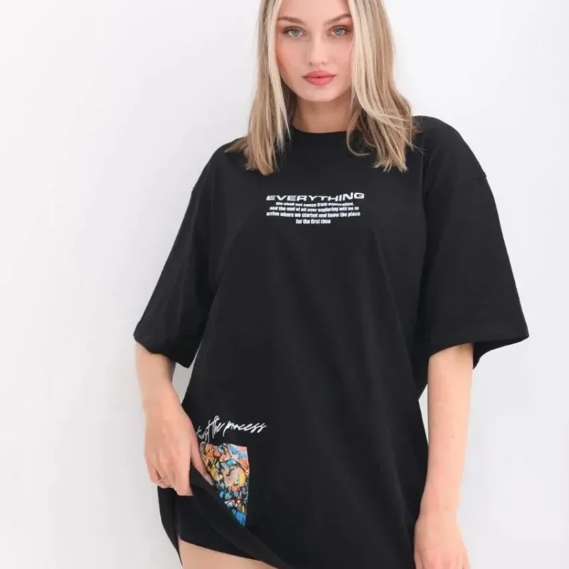 Femeie Neagră Oversize Guler Bicicletă Tricou Imprimat