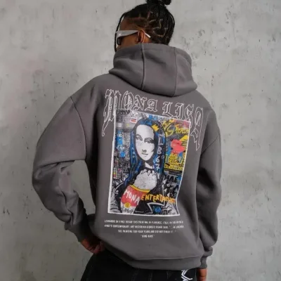 Bărbați Gri Oversize 3 Fire Bumbac Capușon Imprimat Sweatshirt 3