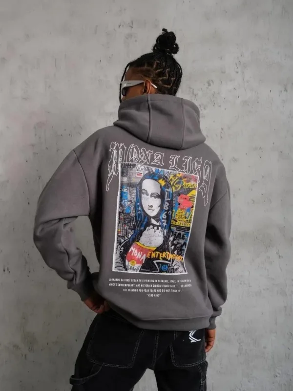 Bărbați Gri Oversize 3 Fire Bumbac Capușon Imprimat Sweatshirt 3