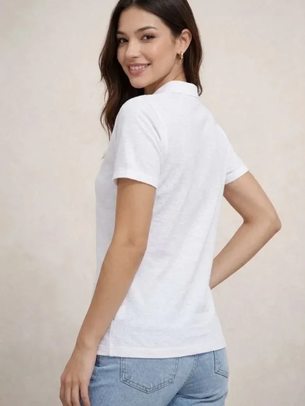 Kobiecy Biały Pike Tkanina Guziki Polo Kołnierz Basic T-shirt 3