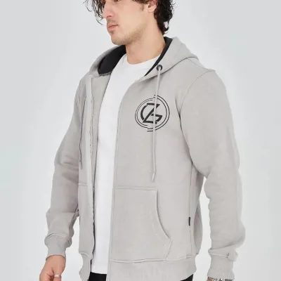 Burra Ngjyrë Gri E Lyer 3 Fije Pambuku Me Kapuç Me Zinxhir Me Printim Hoodie 3