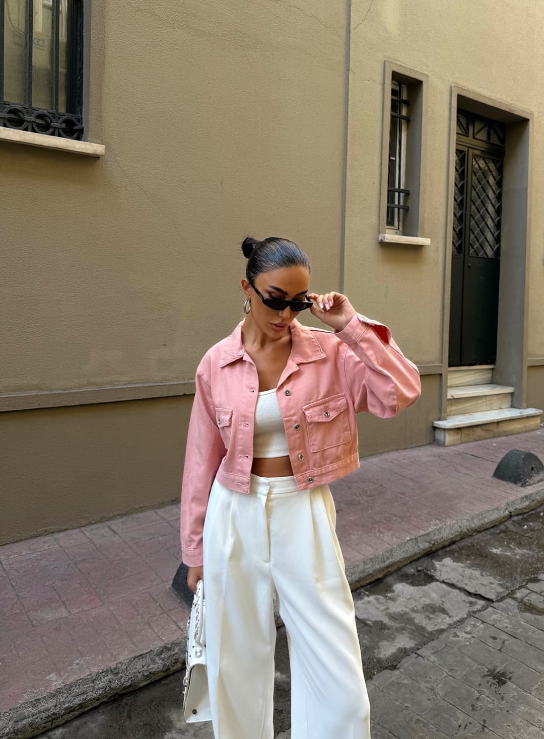 Cüt cib denim crop gödəkçə pudra