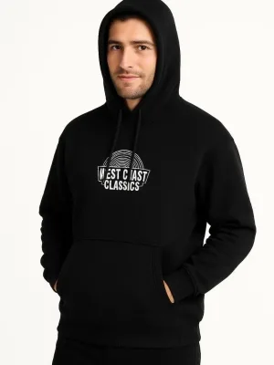Férfi fekete 3 szálas pamut nyomott kenguru zsebes hoodie