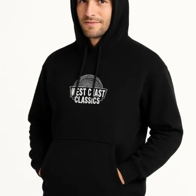 Férfi fekete 3 szálas pamut nyomott kenguru zsebes hoodie 1