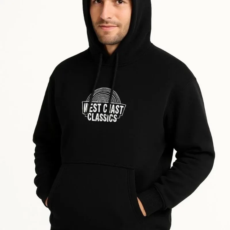 Férfi fekete 3 szálas pamut nyomott kenguru zsebes hoodie