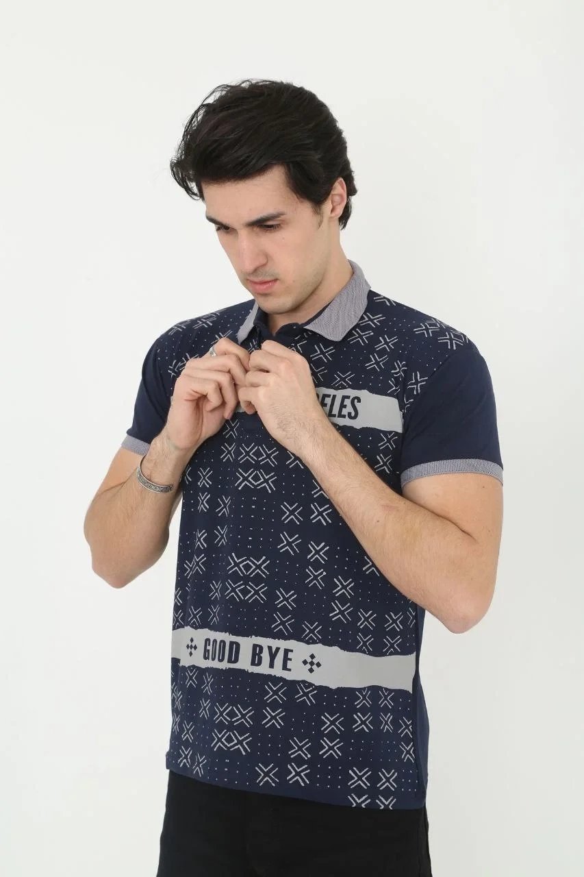 Ανδρικό Σκούρο Μπλε Slim Fit Πόλο Λαιμό Τυπωμένο Κοντό Μανίκι T-shirt