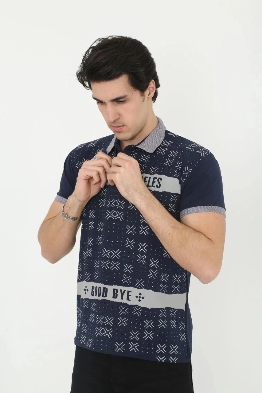 Tîşorta Mêr Lacivert Slim Fit Bi Stûyê Polo Çapkirî Milên Kînd