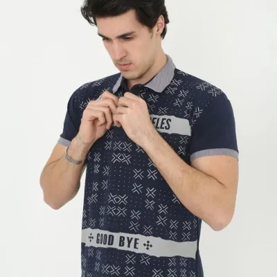 Kişi Tünd Göy Slim Fit Polo Yaxalı Baskılı Qısaqol Köynək 1