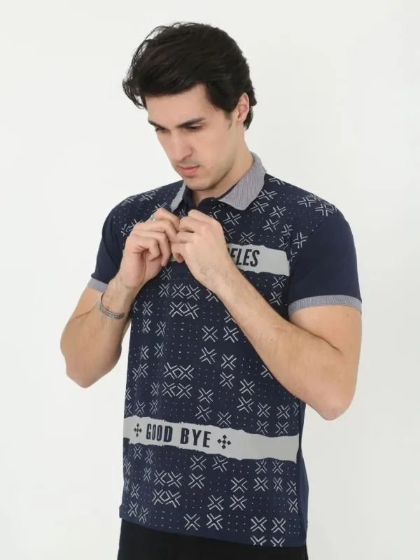 Kişi Tünd Göy Slim Fit Polo Yaxalı Baskılı Qısaqol Köynək 1