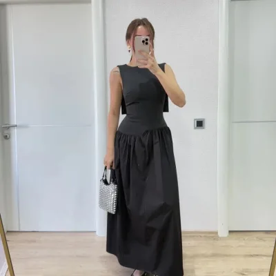 Women's Black Back Wing Detail Front Dart Long Dress 3