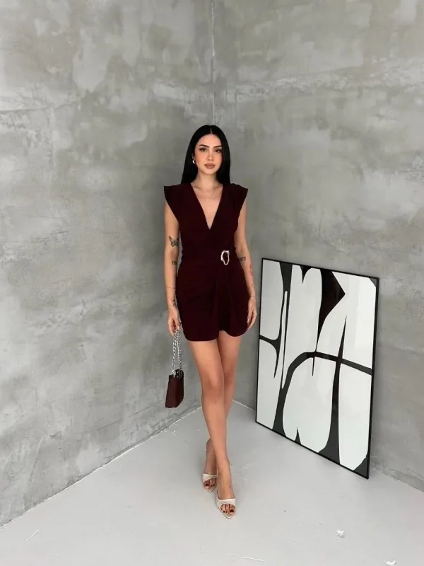 Femeie Rochie de Gală Mini Maro, Încrucișată, Drapată, Cu Cataramă