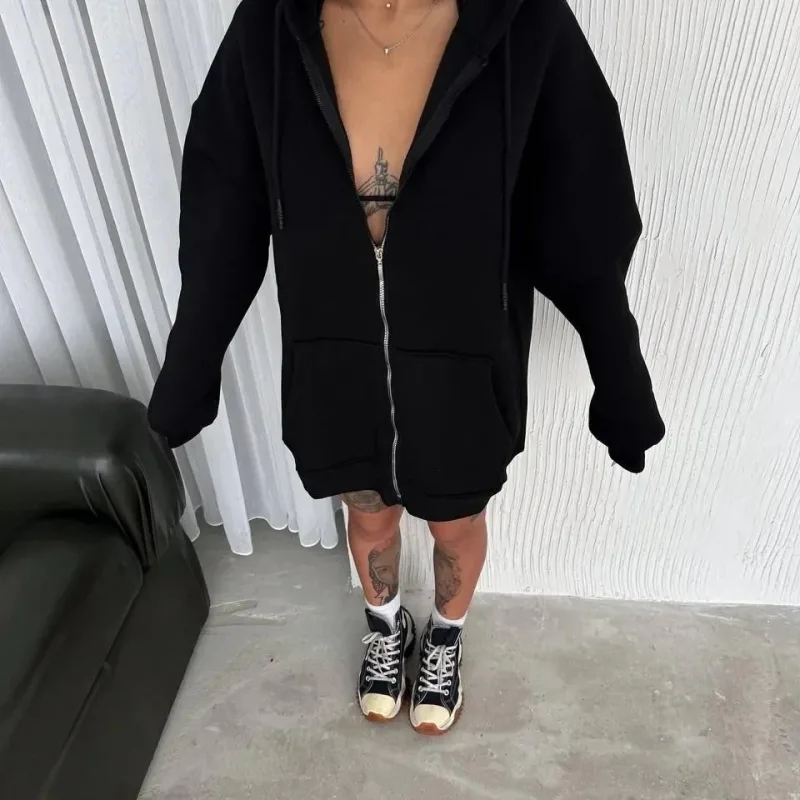 Women's Black Full Zip Hooded Pocketed Cotton Cardigan