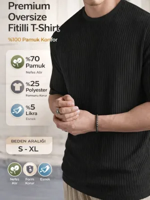 Μαύρο Oversize Ribbed Βαμβακερό Φαρδύ Κύκλωμα T-Shirt