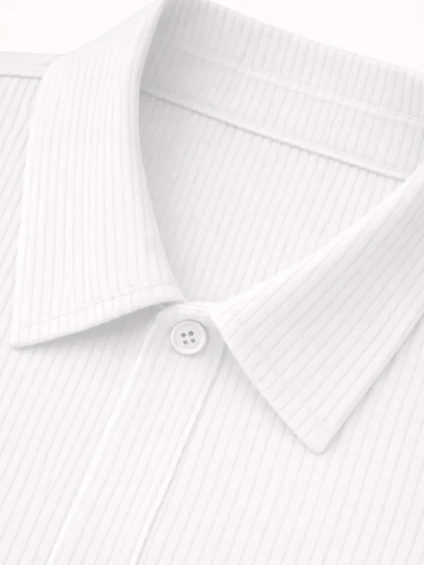 Bianco Oversize Costina Cotone Polo Collo T-Shirt 5