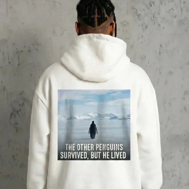 Men's White 3-Thread Cotton Hooded Penguin Printed Sweatshirt