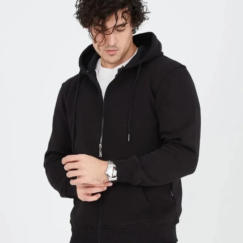 Men's Black 3-Thread Cotton Full-Zip Hooded Hoodie with Pockets